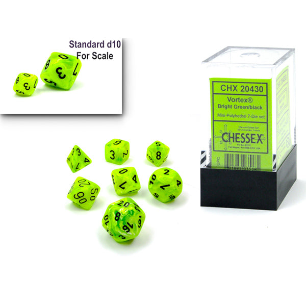 Chessex - Mini Vortex Polyhedral 7 Die Set - Bright Green & Black
