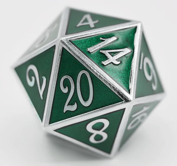 35mm Metal D20 - Silver with Emerald