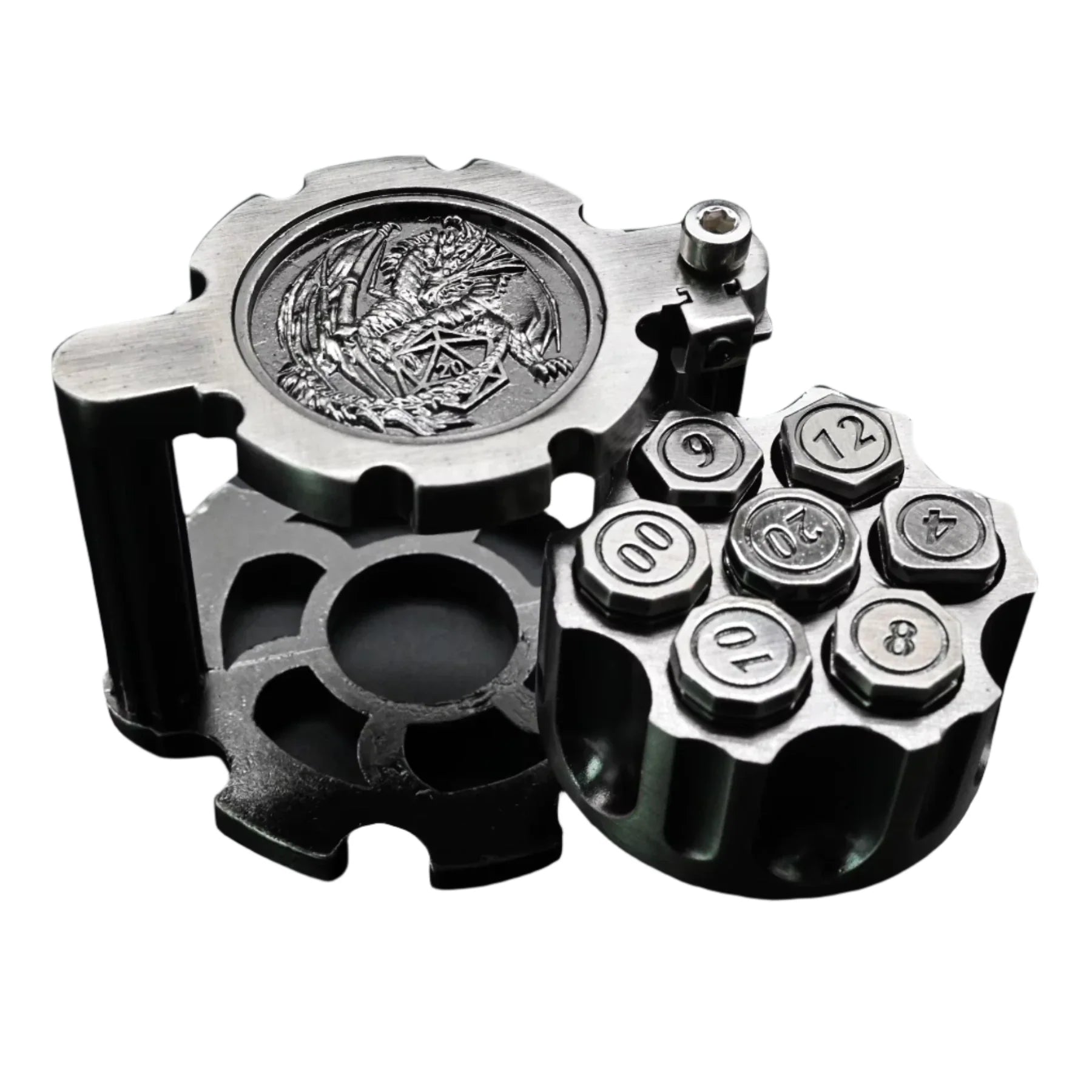 Hexchamber | Ancient Silver | Bullet Dice Set with Spinning Revolver Case